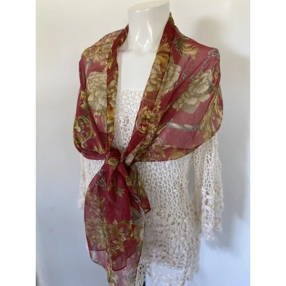 Ray Strauss Scarf Sheer Burgundy Beige‎ Yellow Flowers Rectangle 60